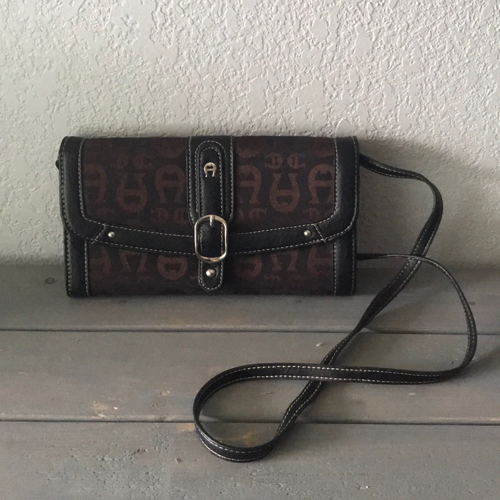 Ettiene Aigner brown logo-print wallet crossbody